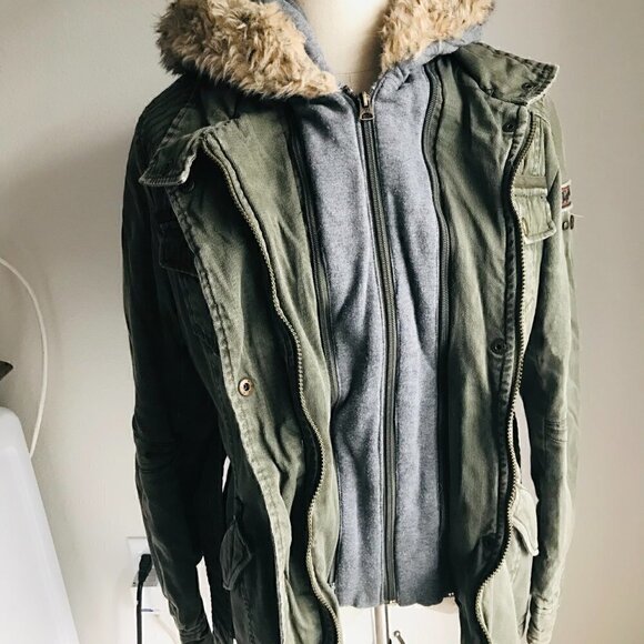 Buffalo David Bitton Outerwear Green Belted Jacket Faux Fur Hood Size M - Picture 7 of 12